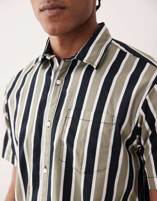 Jack & Jones - Camicia slim a maniche corte kaki e nera a righe, 5 di 5