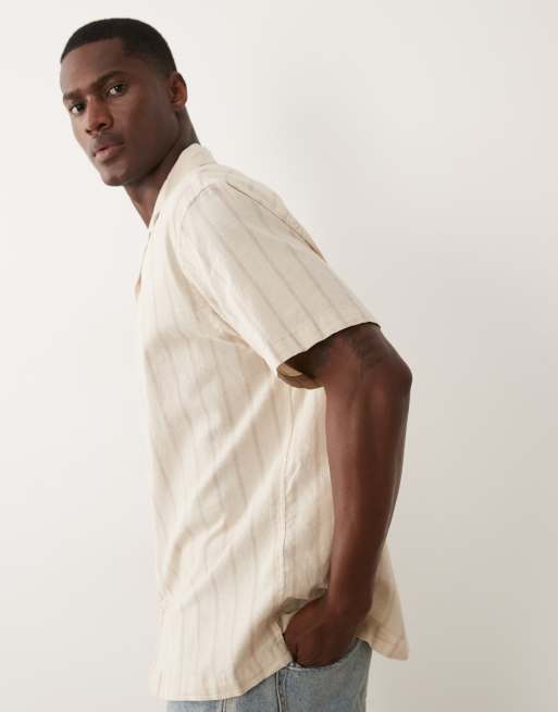 Jack & Jones - Camisa beis a rayas de manga corta de mezcla de lino, 4 de 5