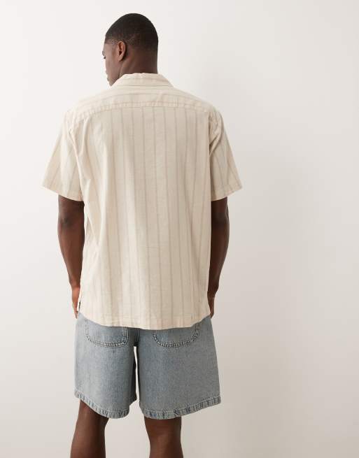 Jack & Jones - Camisa beis a rayas de manga corta de mezcla de lino, 5 de 5