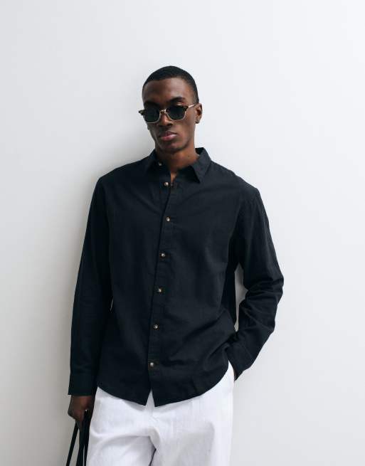 Jack & Jones - Camisa negra de manga larga de mezcla de lino, 3 de 5