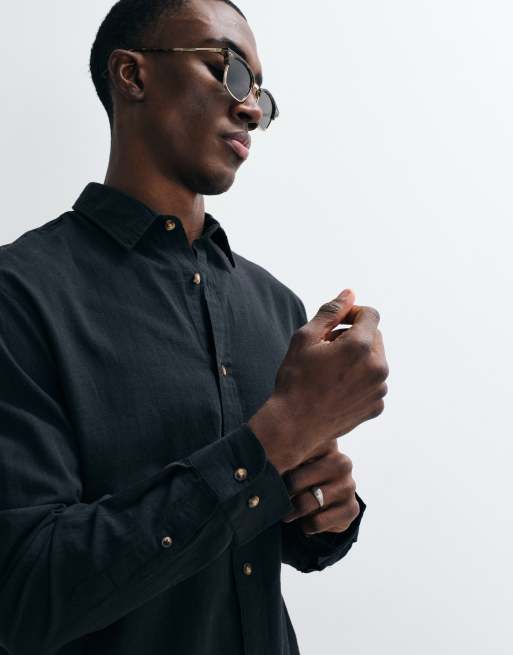 Jack & Jones - Camisa negra de manga larga de mezcla de lino, 5 de 5