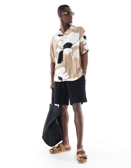 Jack & Jones camp collar abstract floral shirt in beige 