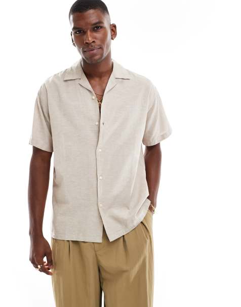 Jack & Jones camp collar linen blend shirt in beige - view 1