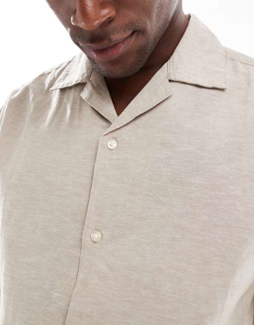 Jack & Jones camp collar linen blend shirt in beige, 3 of 4