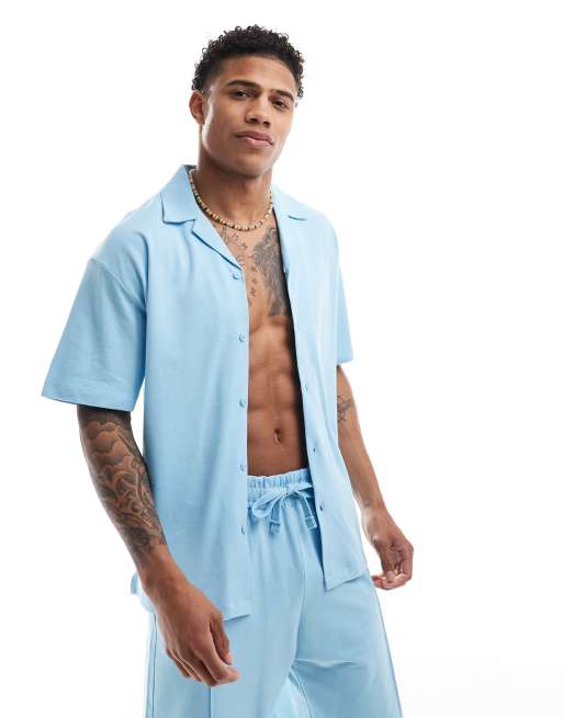 Jack & Jones camp collar pique shirt in light blue - part of a set 