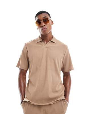 camp collar plisse polo shirt in khaki - part of a set-Green