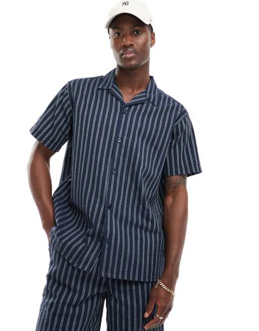 Jack & Jones camp collar seersucker shirt in navy stripe - part of a set