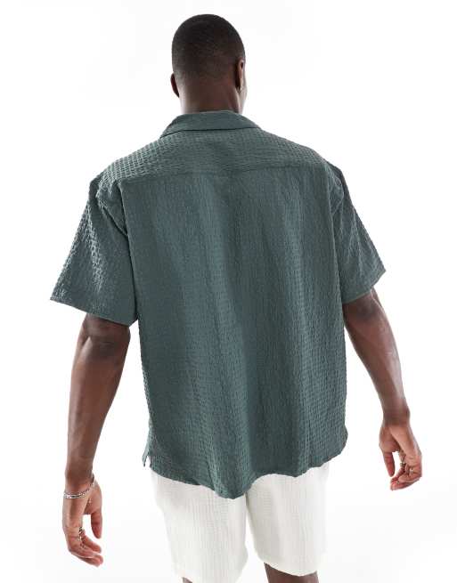 Jack & Jones camp collar seersucker short sleeve shirt in green, 2 of 4