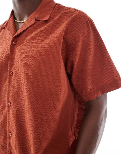 Jack & Jones camp collar shirt in seersucker dirt red, 2 of 4