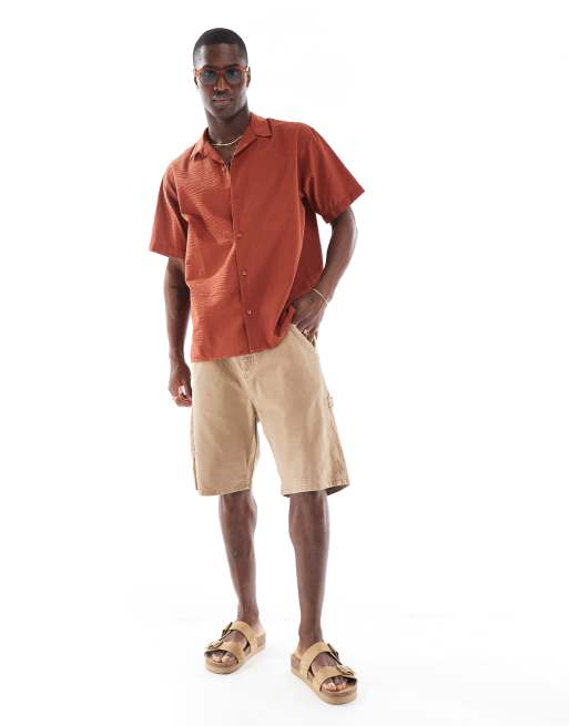 Jack & Jones camp collar shirt in seersucker dirt red, 3 of 4