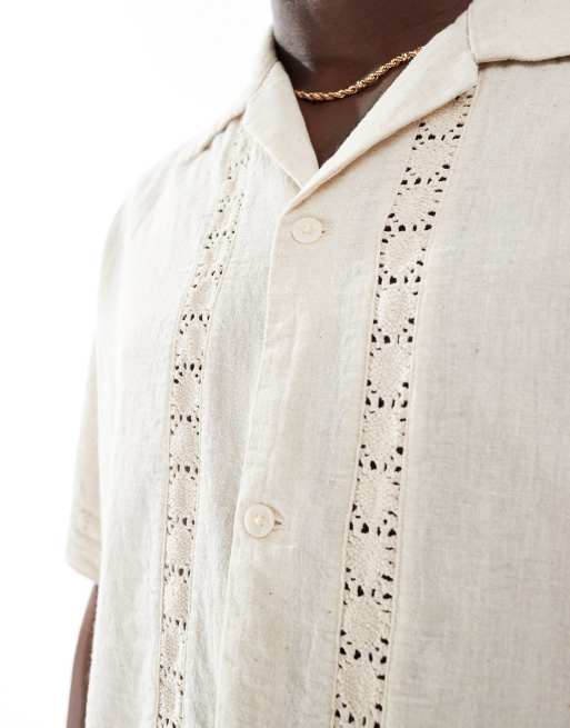 Jack & Jones camp collar shirt with floral applique in cream, 3 of 4