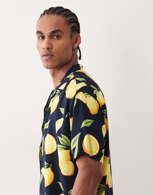 Jack & Jones camp collar shirt with lemon print in navy, 5 of 5