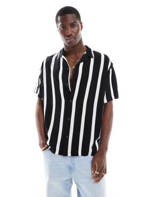 Jack & Jones Camp Collar Shirt With Vertical Stripes In Black