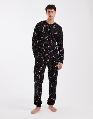 Jack & Jones Candy Cane Lounge Set In Black