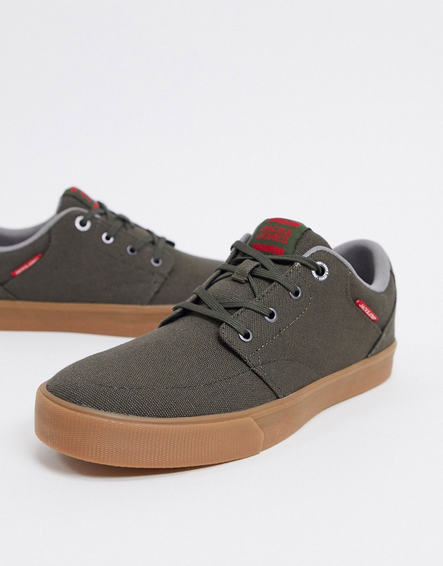 Jack & Jones canvas sneakers with gum sole in olive-Green