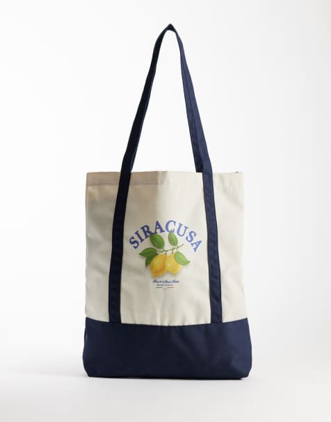 Jack & Jones canvas tote bag with lemon print in beige & blue - view 1