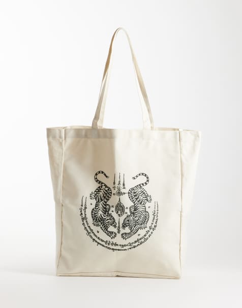 Jack & Jones canvas tote bag with tiger print in off white - view 1