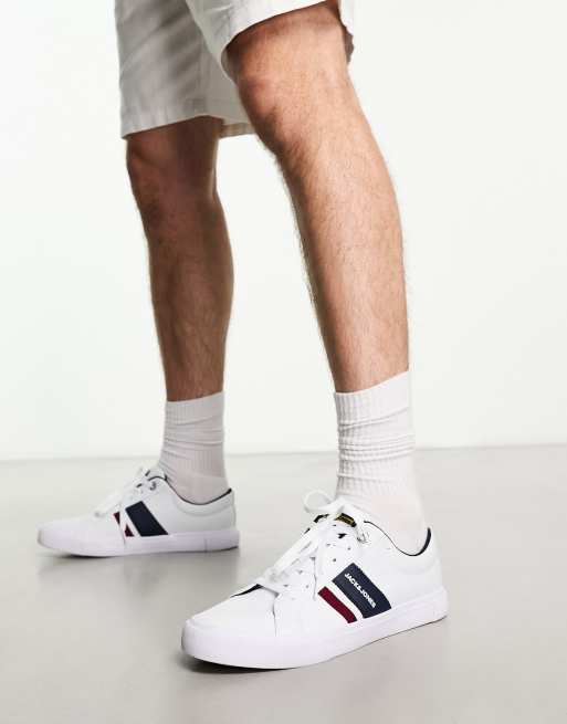 Jack & Jones canvas trainer with contrast stripe panel in white 