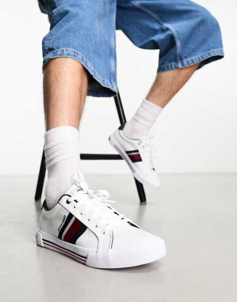 Jack & Jones canvas trainer with contrast stripe panel in white  - view 1