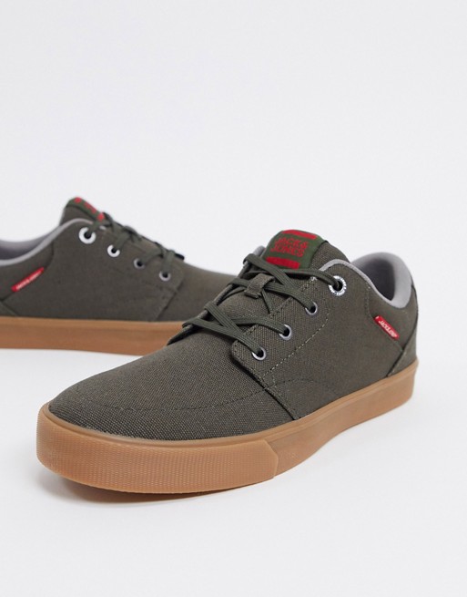 Jack & Jones canvas trainers with gum sole in olive