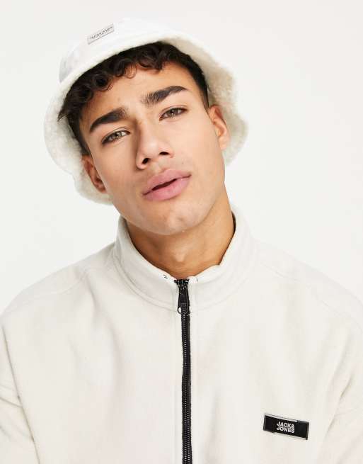 Jack & Jones - Cappello da pescatore double-face in pile borg color avena con logo