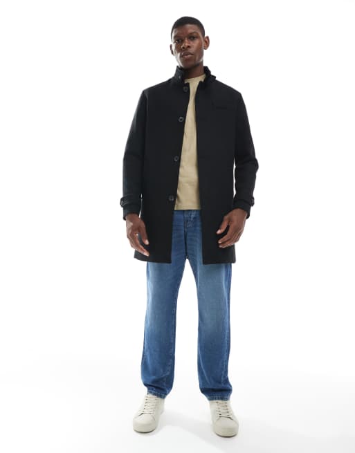 Jack & Jones - Cappotto in misto lana nero con scollo a imbuto, 2 di 5