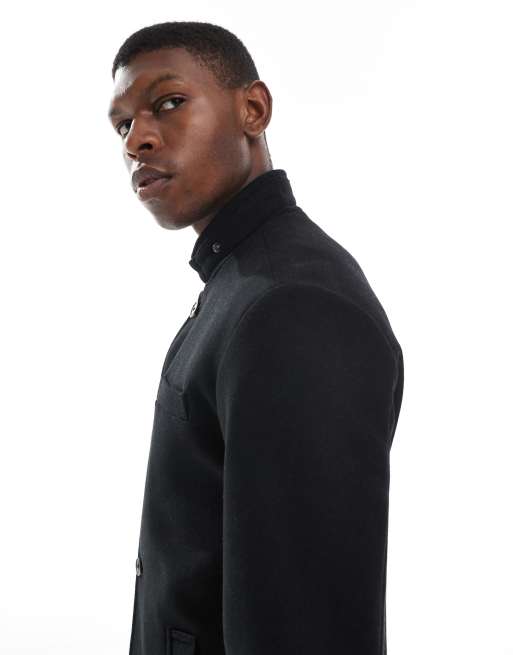 Jack & Jones - Cappotto in misto lana nero con scollo a imbuto, 4 di 5