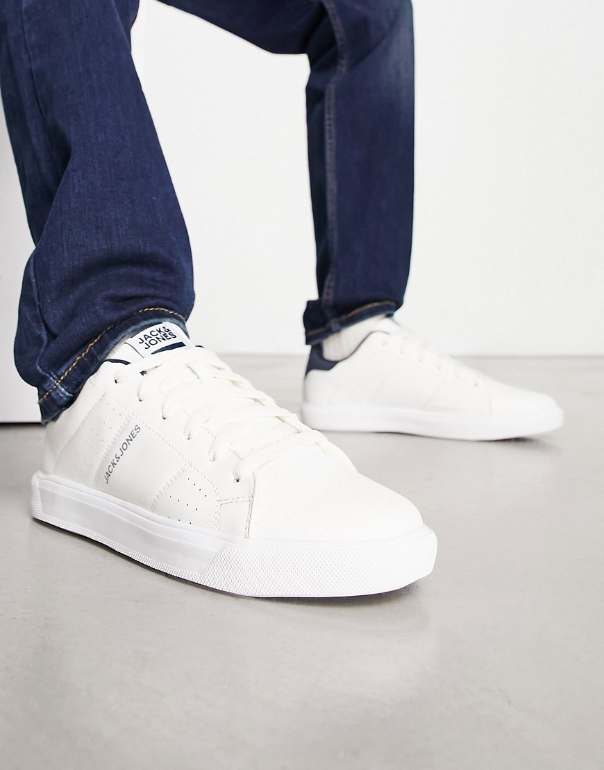 JACK & JONES CASUAL FAUX LEATHER LOGO SNEAKERS IN WHITE AND NAVY