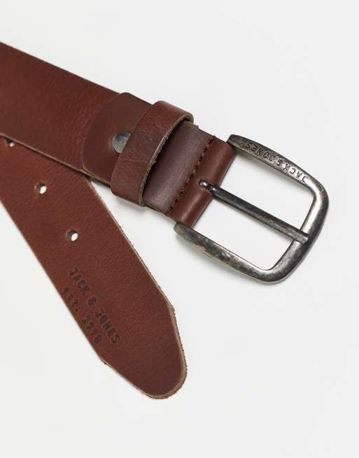 Jack & Jones - Ceinture en cuir lisse avec boucle à logo - Marron foncé , 3 de 4