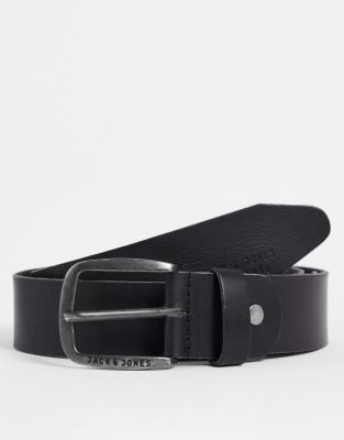 Jack & Jones - Ceinture en cuir lisse avec boucle à logo - Noir