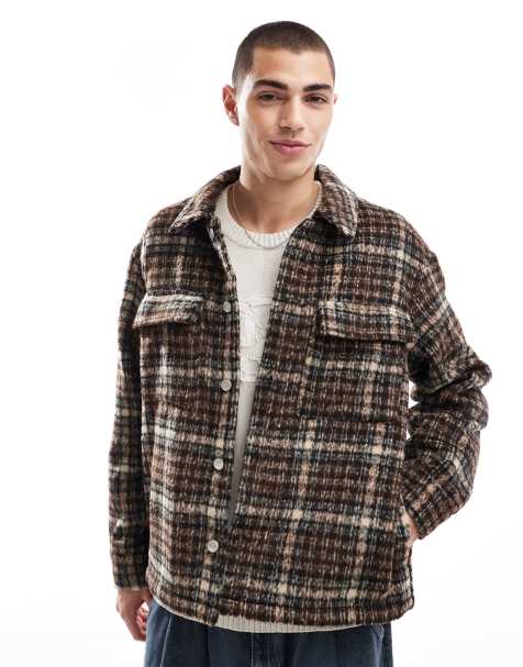 Jack & Jones check shacket with pockets in brown  - view 1