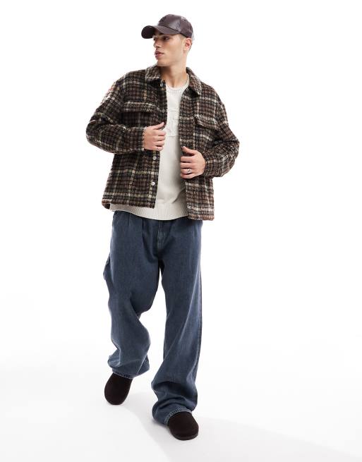 Jack & Jones check shacket with pockets in brown , 3 of 4