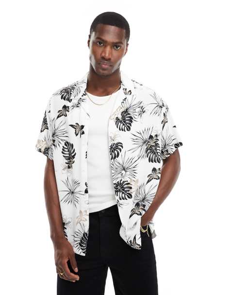 Jack & Jones - Chemise à col cranté et imprimé feuilles de palmier - Blanc - view 1