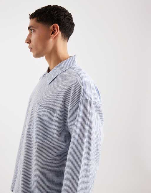 Jack & Jones - Chemise coupe carrée en crépon rayé à manches longues - Bleu et blanc, 4 de 5