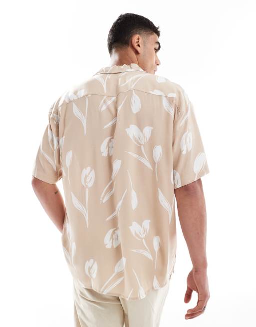 Jack & Jones - Chemise manches courtes avec col à revers et imprimé fleurs - Beige, 4 de 4