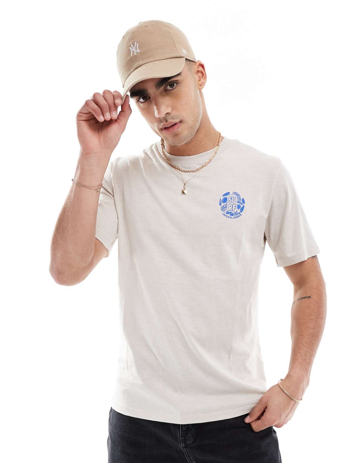 Jack & Jones chest print t-shirt in beige