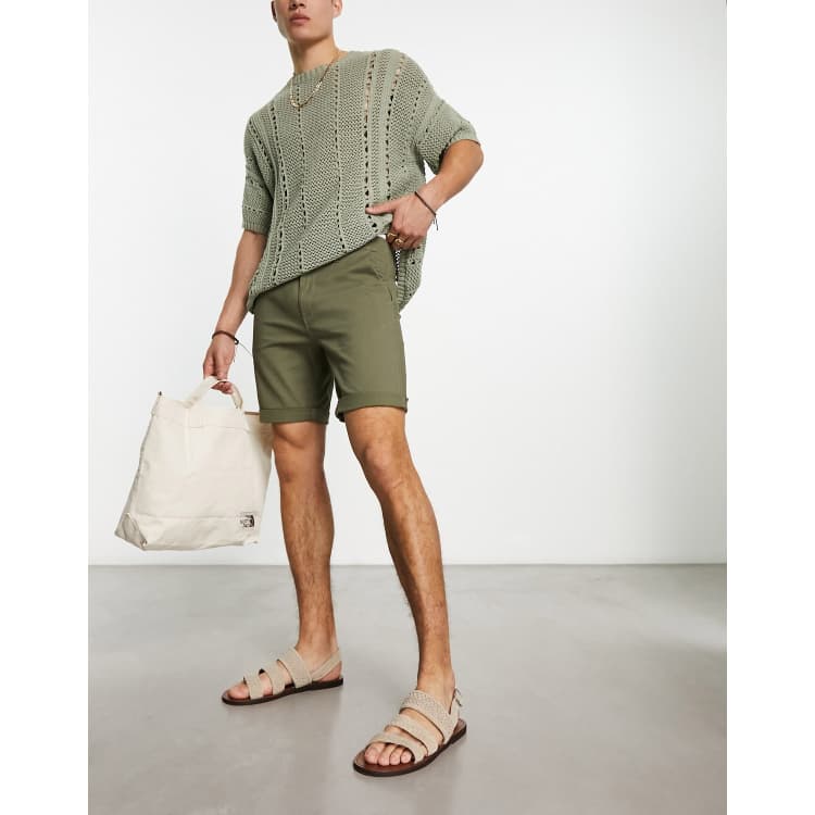 ASOS DESIGN pleated chino shorts in mid length in khaki