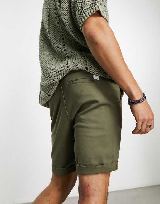 ASOS DESIGN pleated chino shorts in mid length in khaki