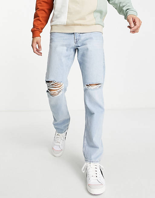 Jack & Jones Chris loose fit jeans with knee rips in light blue 