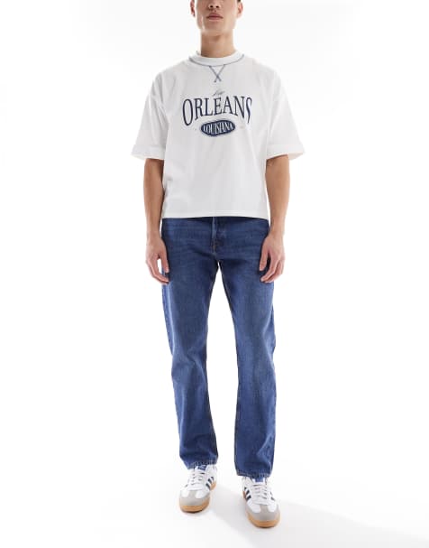 Jack & Jones Chris straight rigid jeans in mid blue wash