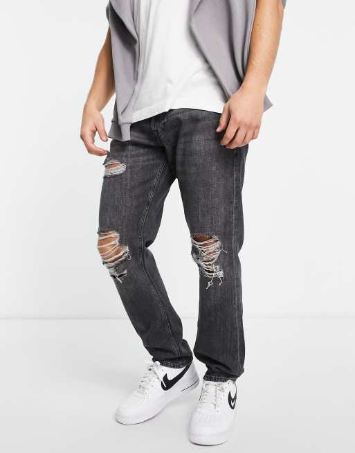 Jack & Jones Chris straight fit jeans with knee rips in black