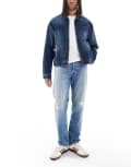 [Jack & Jones] Jack & Jones Chris straight jeans with rip and repair in blue W28 L32 Blue Denim