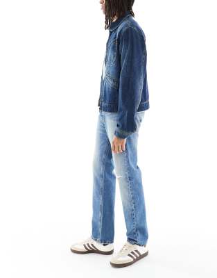 Jack & Jones Chris Straight Jeans With Rip And Repair In Blue