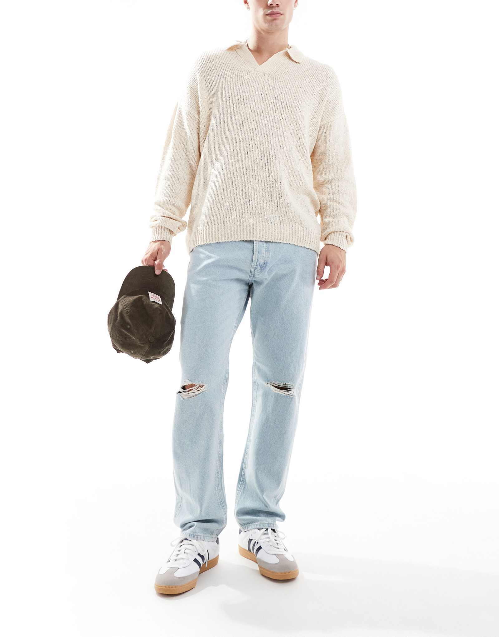 Джинсы Jack &Jones chris с прямыми штанинами и разрезами на коленях светло-голубого цвета 