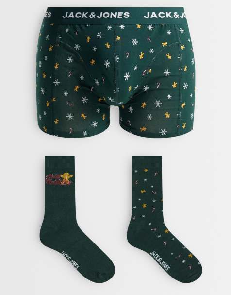 Jack & Jones christmas boxer & sock gift set in green - view 1