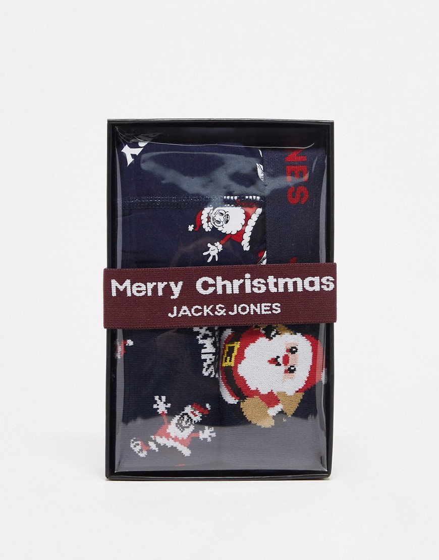 Jack & Jones Christmas boxer & sock giftbox in navy Santa print