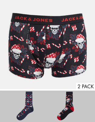 Jack & Jones Christmas giftbox boxer briefs & socks with skull print-Black