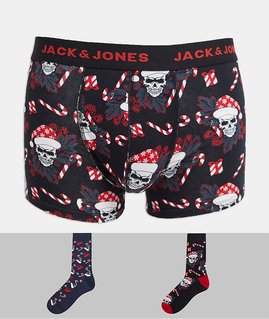 Jack & Jones Christmas giftbox boxer briefs & socks with skull print-Black