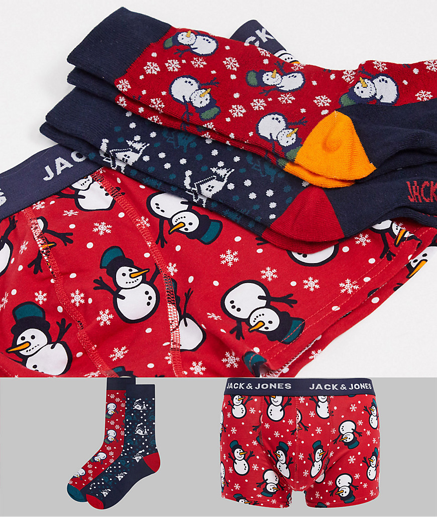 Jack & Jones Christmas giftbox with socks & boxer briefs in Christmas prints-Red