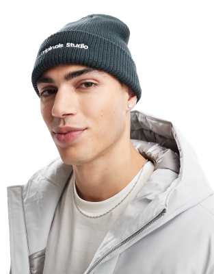 Jack & Jones Jack & Jones chunky knit beanie with originals logo in teal-Blue